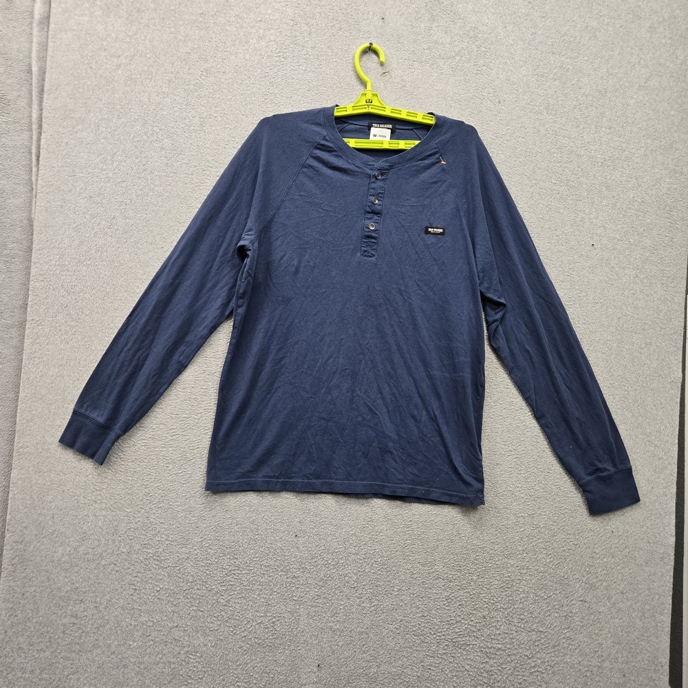 True Religion Men Shirt M/M Blue Henley Button‎ Logo Long Sleeve